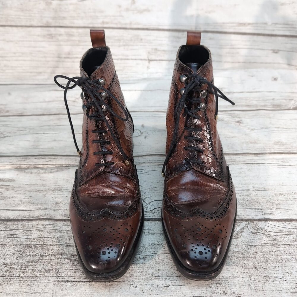 Lehato Brown Embossed Leather Wingtip Brogue Lace-Up Boots – Men’s US 7.5–8